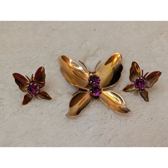 Vintage Gold-Tone Butterfly Brooch & Screwback Earrings W/ Pronged Rhinestones - Picture 4 of 5